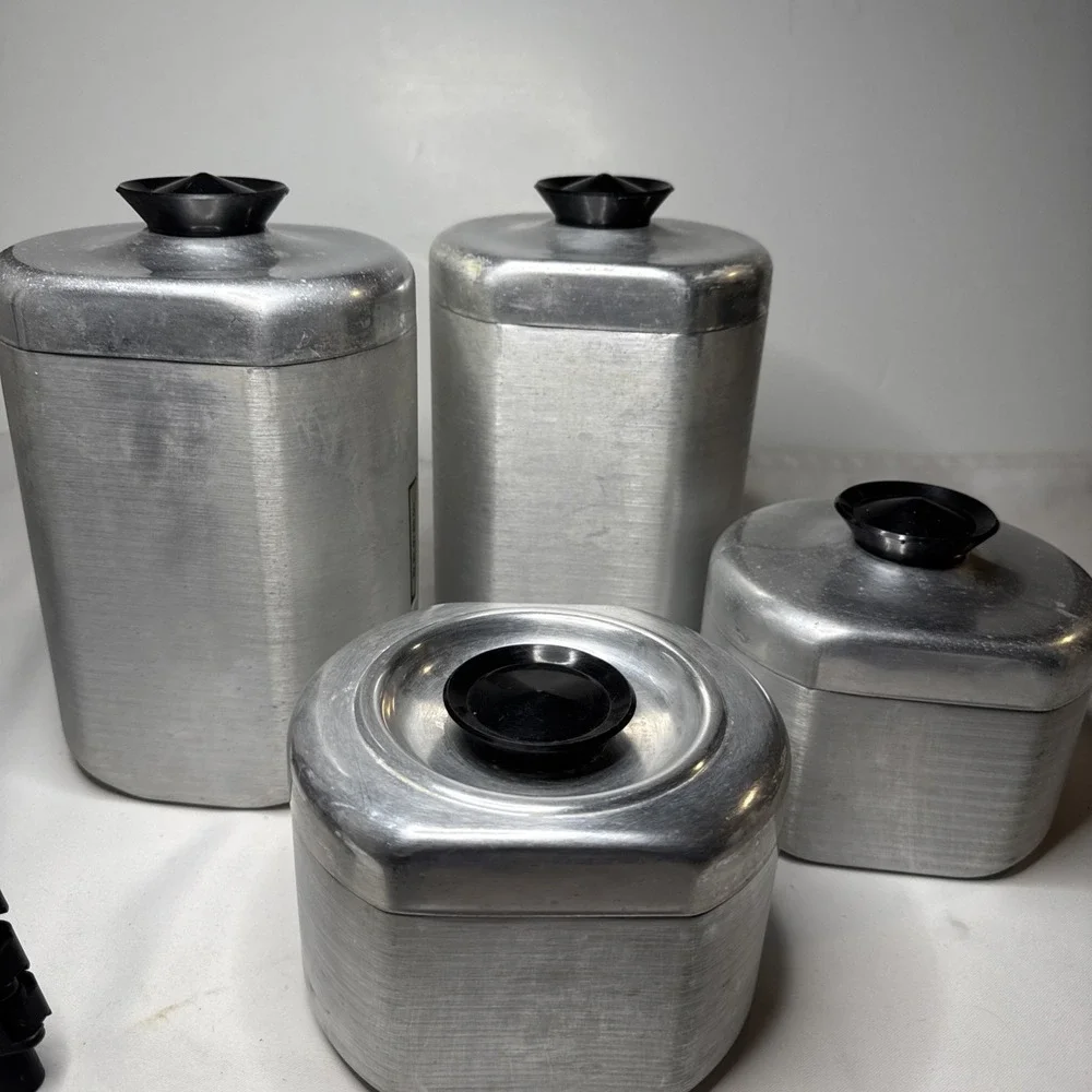 Vintage Set of (4) 1950s Kromex Aluminum Mid Century Canister Set Farm House